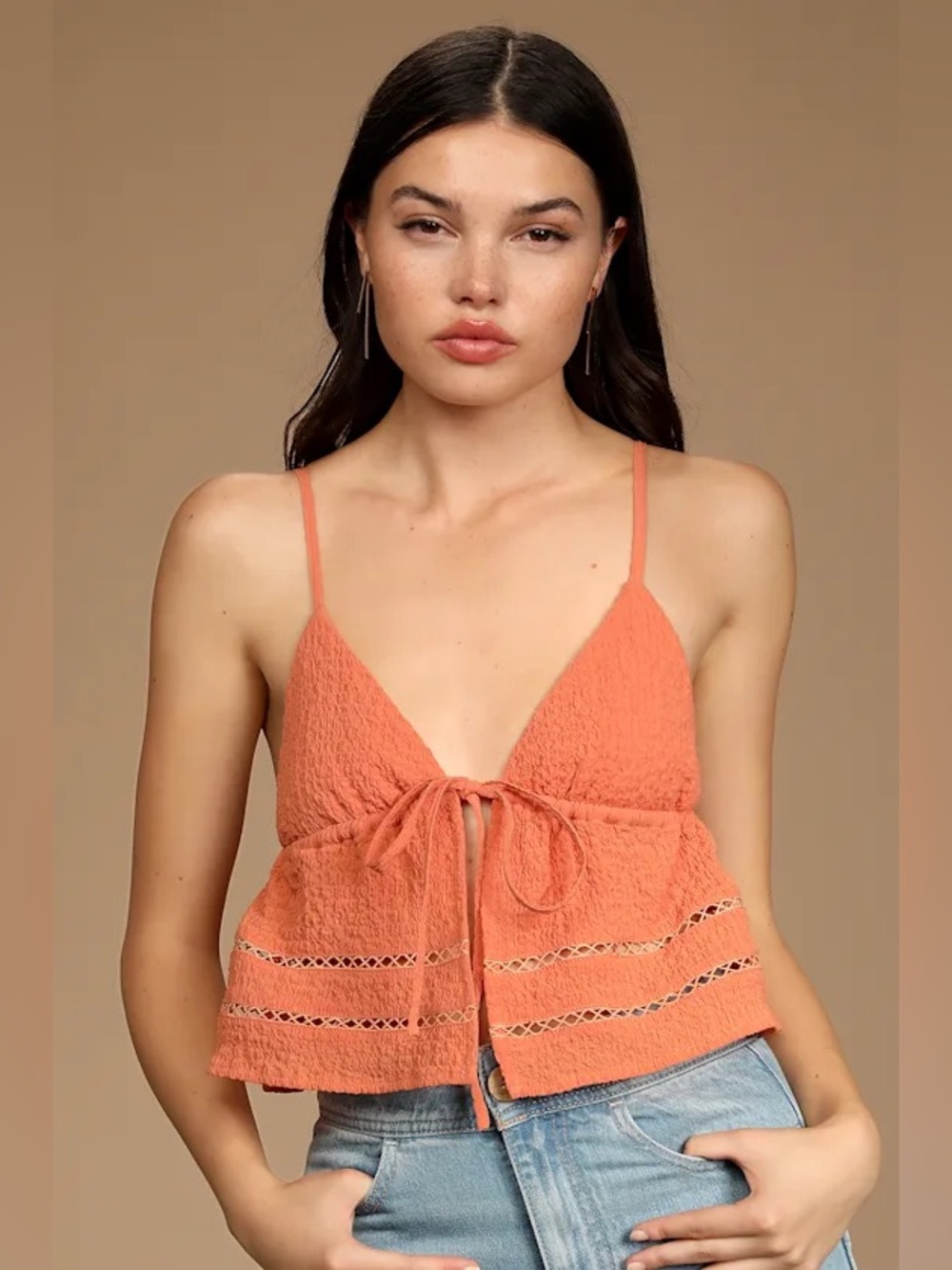 Lulus Orange Tie Front Cropped Cami Top